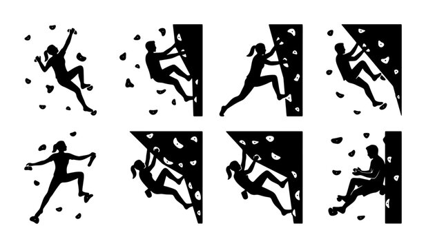 Rock Climbing Silhouettes Set, Bouldering Action Poses, Indoor Climbing Wall Graphics, Extreme Sport Vector Icons