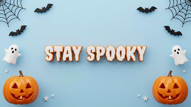 Festive halloween flat lay with pumpkins ghosts bats and the phrase stay spooky on a light blue background