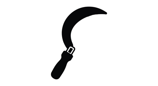 A black silhouette of a traditional reaping hook against a white background silhouette