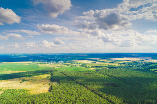 Rural landscape, aerial view. View of plowed and green fields and forest in spring.