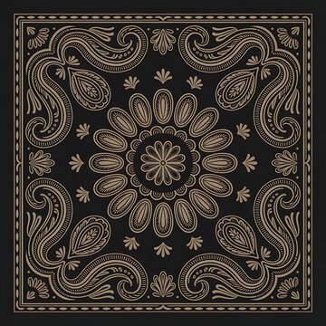 Ornate gold paisley bandana pattern design on a black background square vector illustration