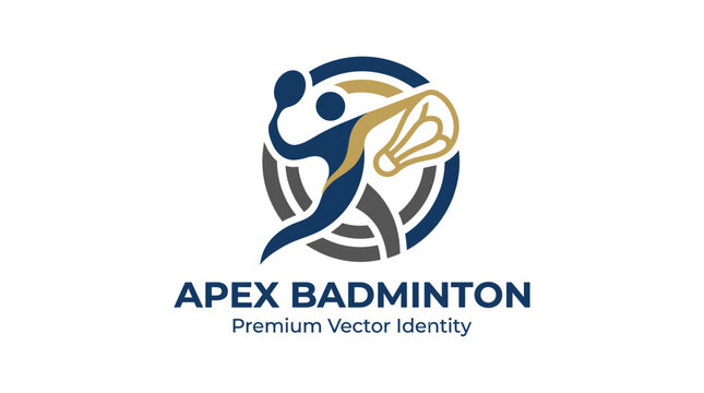 Premium abstract badminton smash logo featuring a dynamic player silhouette hitting a shuttlecock for professional sports branding identity