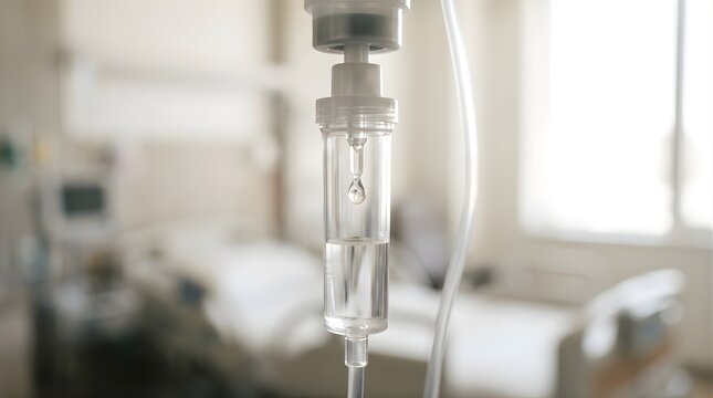 Intravenous drip chamber hanging in hospital room for patient care