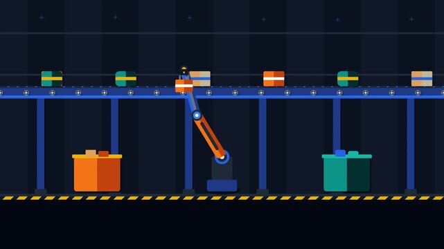 Automated Sorting Robot Selecting Colored Boxes on Conveyor Belt