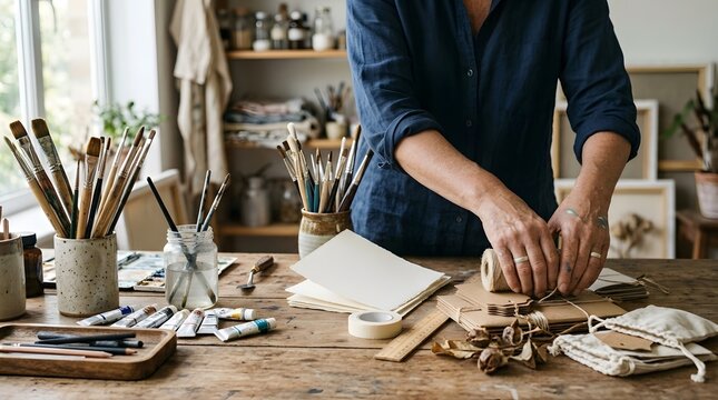 Artist hands tying twine around craft paper packages in a studio setting