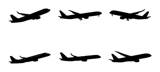 Jet Airplane Silhouettes Collection, Aviation Icons Set, Commercial Aircraft Vector Graphics for Travel and Transport Themes © Hasan