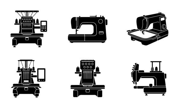 Set of 6 Black Silhouette Icons: Embroidery Machines, Sewing Machines, and Quilting Machines. Industrial and Craft Equipment Vector Graphics.