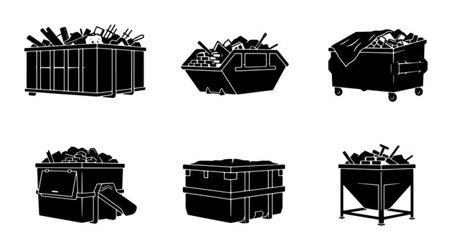 Dumpster Icons Set, Waste Bin Silhouettes, Rubbish Container Vector Graphics, Trash Management Symbols