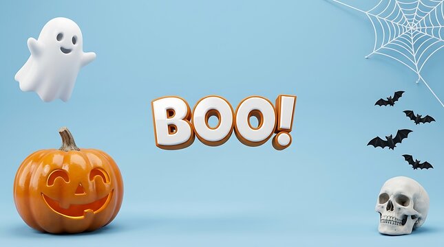 Festive halloween scene with a carved pumpkin playful ghost bats and a spooky word art display on a light blue background