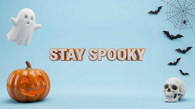 Festive halloween decorations including a ghost pumpkin skull bats and spooky lettering on a light blue background