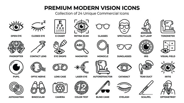 Optometrist vision icon set featuring medical eye care equipment spectacles and sight testing tools for professional clinic website design interface.