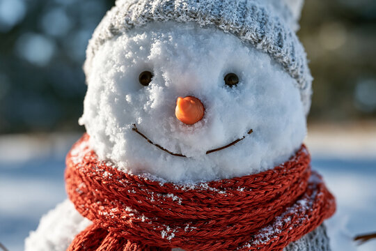 Cute Snowman with Red Scarf and Hat in Winter