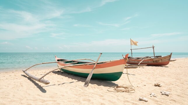 colorful boats on a tropical beach with clear blue sky