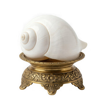 A white conch shell resting on an ornate brass stand isolated on transparent background