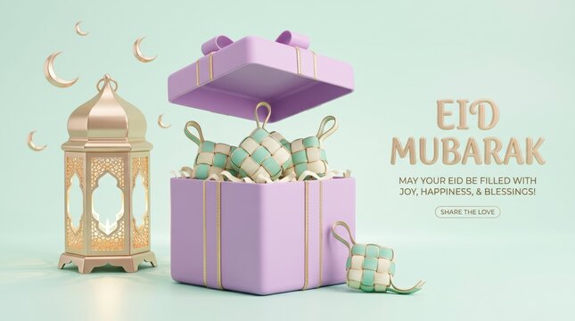 Eid Mubarak celebration with gift box and traditional ketupat