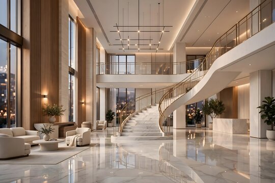 Luxury Staircase With Elegant Furniture And Plants