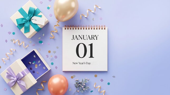 New Year's Day celebration with gifts and confetti on purple background