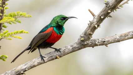 Obraz premium Vibrant male Marico Sunbird perched on a tree branch in natural African wilderness habitat.