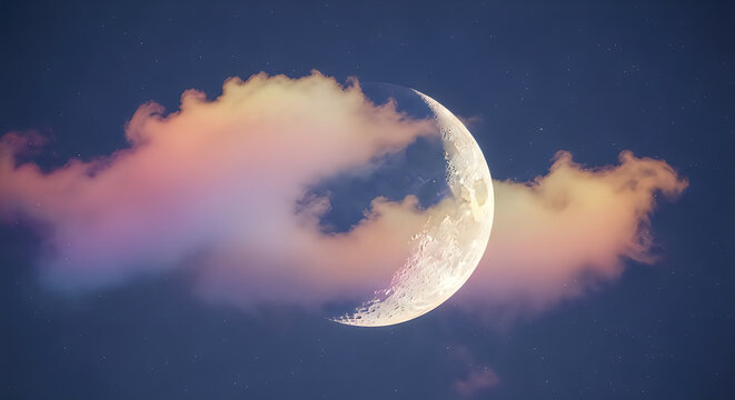 A radiant crescent moon emerges from dreamy clouds celebrating the mid autumn festival's beauty