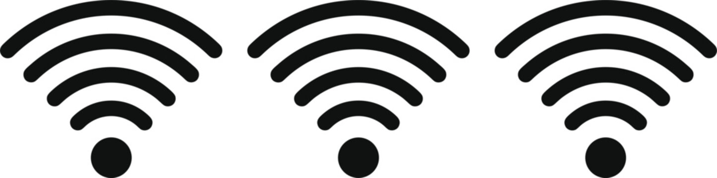 Three dynamic wireless wifi network signal strength icons with curving broadcast waves for tech connectivity ui layouts