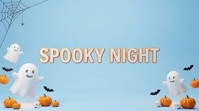 A delightful halloween scene featuring friendly ghosts cheerful pumpkins and playful bats set against a soft blue backdrop for autumn festivities