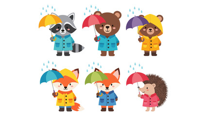 Fototapeta premium Cute Forest Animals in Raincoats with Umbrellas