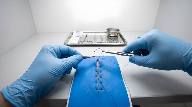 Surgeon hands suturing a wound on a medical practice pad in a clinic