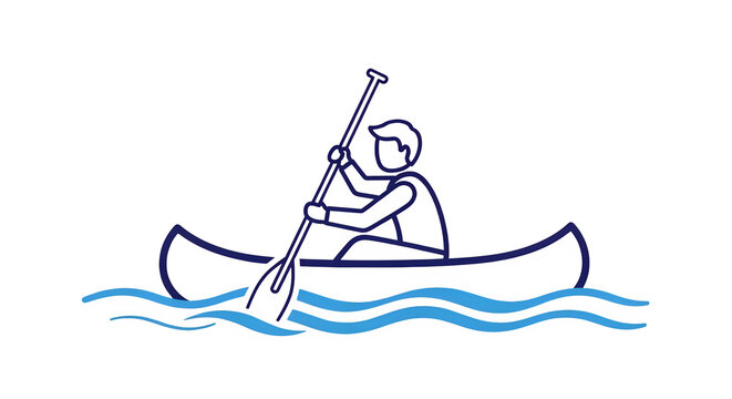 Minimalist line art illustration of a person canoeing on water isolated on a transparent background for outdoor adventure and sport design concepts