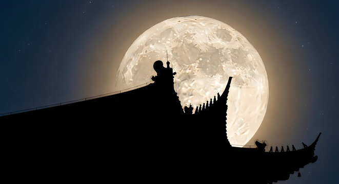 A stunning silhouette of traditional chinese architecture against a bright full moon during the mid autumn festival celebration