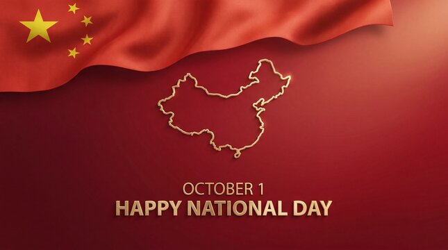 Happy national day of china background with a glowing map outline and waving chinese national flag