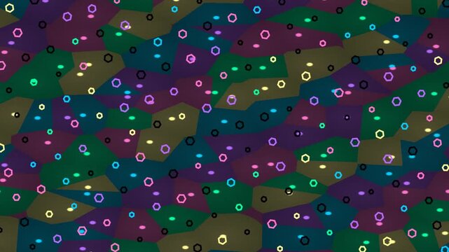 Abstract geometric pattern with colorful circles on dark background