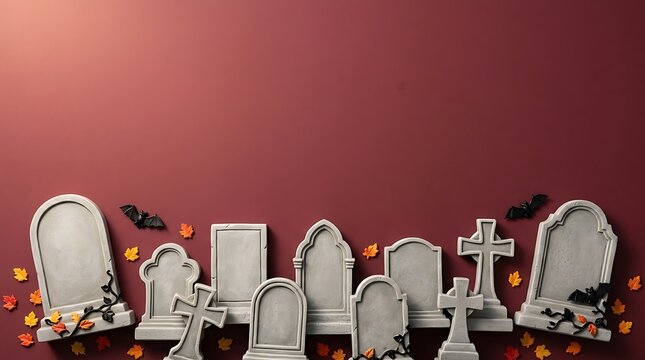 A gathering of aged and weathered stone tombstones and grave markers set against a dramatic dark red textured backdrop