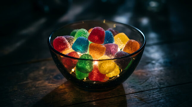 A bowl of glowing translucent gumdrops illuminated with vibrant colors, showcasing a delightful sweet treat.