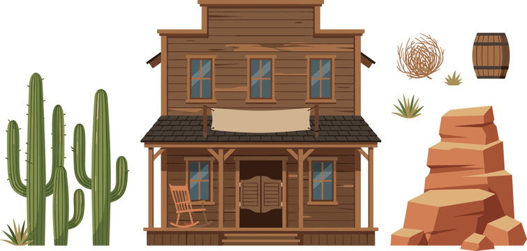 Old Western Saloon Building Vector Set Featuring Two Storey Wooden House Desert Saguaro Cactus Tumbleweed Wooden Barrel and Red Rock Formations