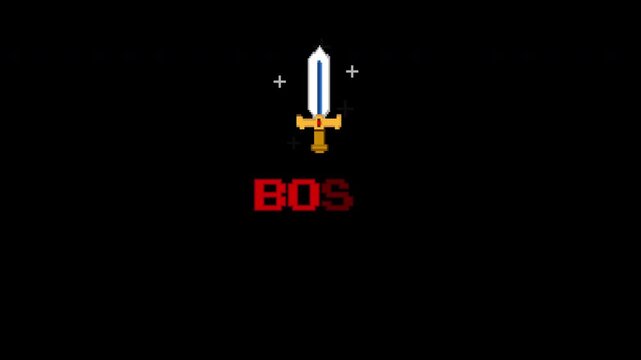 Pixel art 8 bit boss defeated message with sword animation