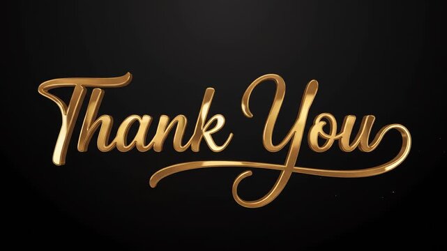 Elegant gold metallic 3D thank you text on a dark black background.
