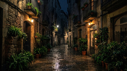 Fototapeta premium Moody dark rainy night in narrow old urban alleyway with wet cobblestone pavement reflecting warm glowing wall lamps, old residential buildings with balconies, 