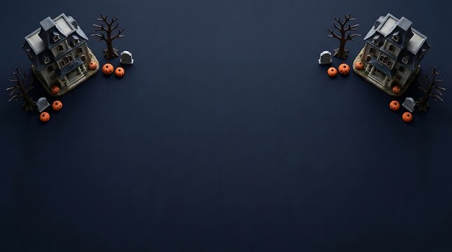 A dark halloween background featuring decorative skulls and pumpkins arranged in the upper corners with plenty of copy space for your festive text