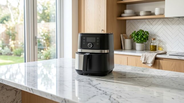Modern black electric air fryer on white marble kitchen countertop near bright window with kitchen appliance cooking device kitchen interior