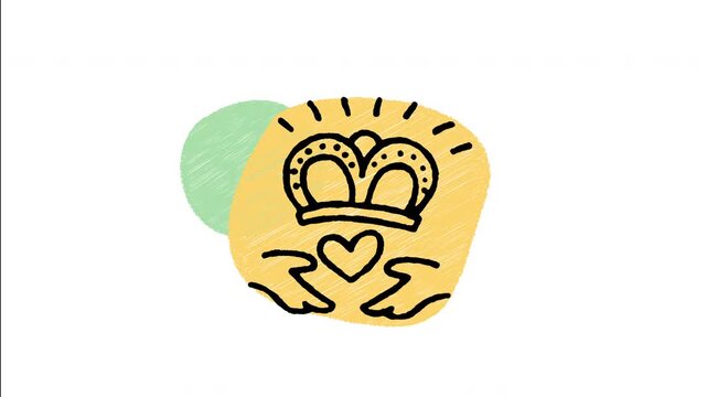 An animated hand-drawn traditional Irish Claddagh ring symbolizing love, friendship, and loyalty. Ideal for romantic gestures, marriage proposals, Celtic wedding themes, and Irish jewelry promotions. 