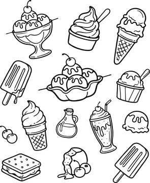 Set of doodle ice cream drawings for coloring books. Hand drawn outline collection with cones, popsicles, sundaes, milkshakes, and hot fudge syrup in a sketch style.