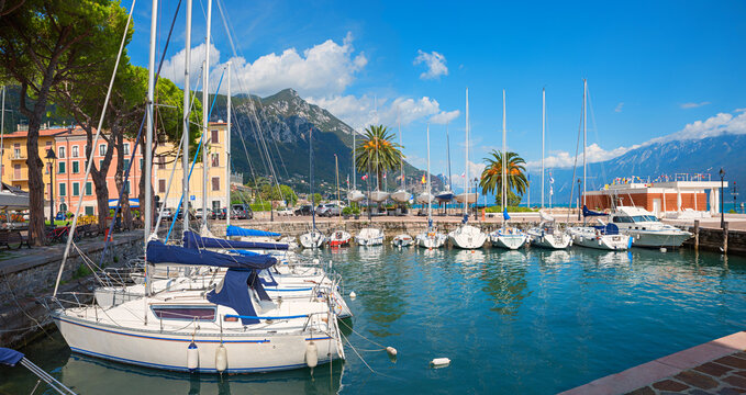 pictorial harbor of Bogliaco with moored sailboats. landscape lake Gardasee, italy
