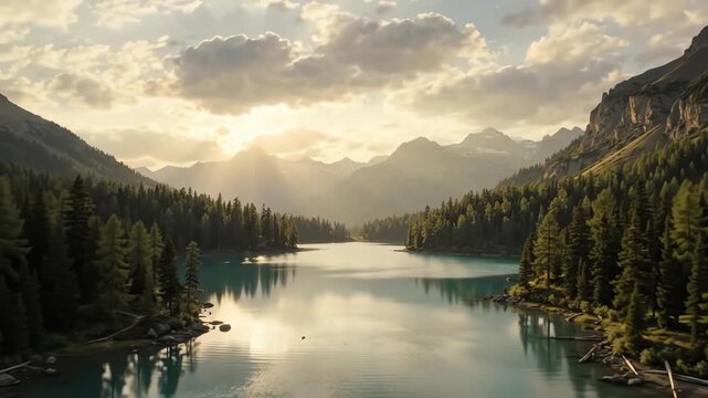 Breathtaking scenic view of a serene alpine lake surrounded by pine forests and majestic mountains at sunset.