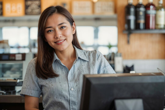 Friendly bartender young Asian woman in cash-register at bar restaurant