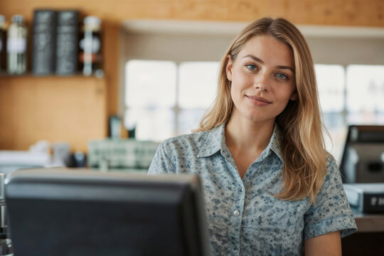 Portrait of woman a restaurant worker in cash-register at bar restaurant