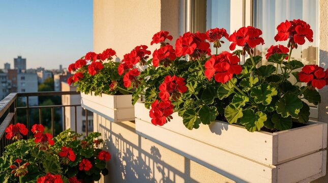 Red geraniums bloom in white wooden boxes on a city apartment balcony. Green leaves grow by the railing against a sunny sky and urban buildings.