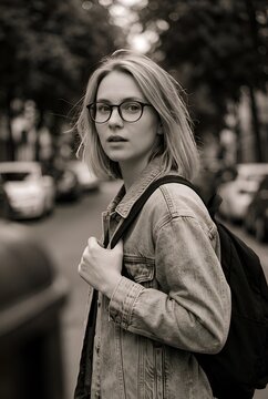 Young woman wearing glasses and a backpack walking outdoors in an urban neighborhood