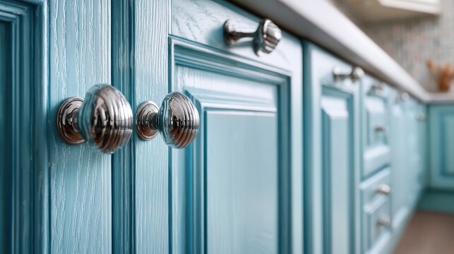 Close-up shot of light blue wooden cabinets with shiny silver round knobs. Can be used for kitchen design, remodel or interior design projects.