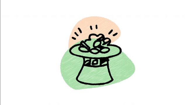 An animated hand-drawn green Leprechaun hat overflowing with shining gold coins. Ideal for St. Patrick's Day treasure hunts, good luck wealth concepts, and Irish folklore magic. 