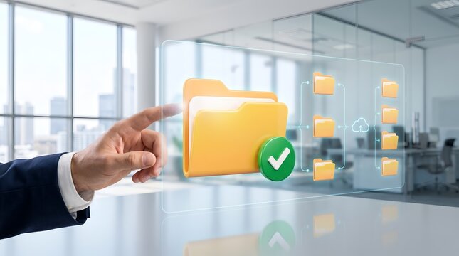 Businessman interacting with digital file organization interface